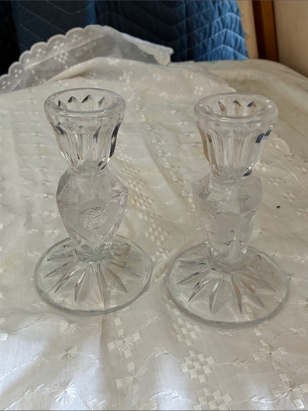 Crystal Cut Glass Candlestick Pair - Clear